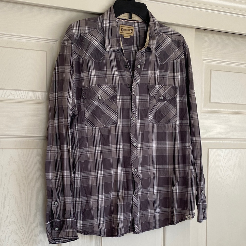 Roebuck & Co Mens plaid snap up long sleeve shirt, large
